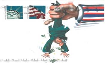 Envelope showing a large arm shaking money from a consumer who is strung upside down.