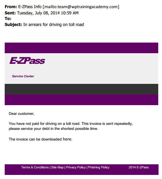 EZ Pass phishing email